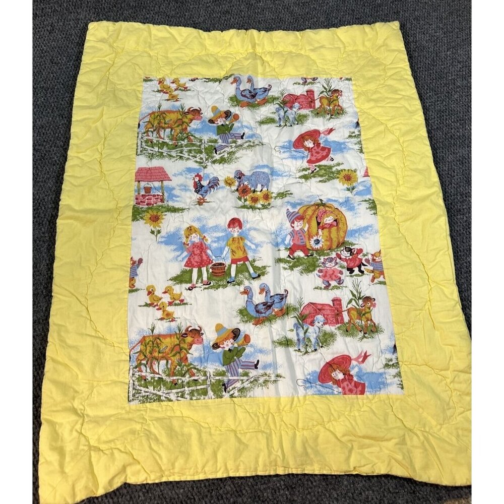 Baby Crib Comforter Quilt Blanket 38x31 Yellow White Boy Girl Art Water Bucket